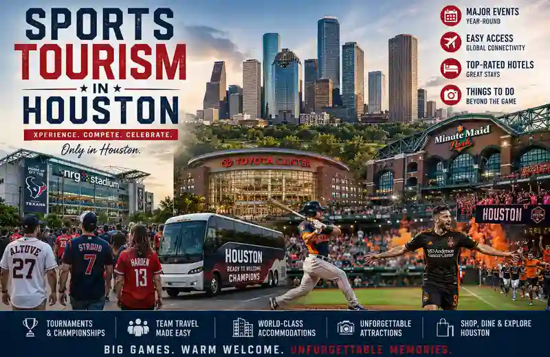 Sports fans visiting Houston landmarks and major sports venues including NRG Stadium, Toyota Center, and Minute Maid Park while enjoying professional baseball, football, and soccer events during a sports tourism trip in Houston.